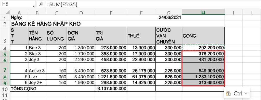 cách copy trong Excel