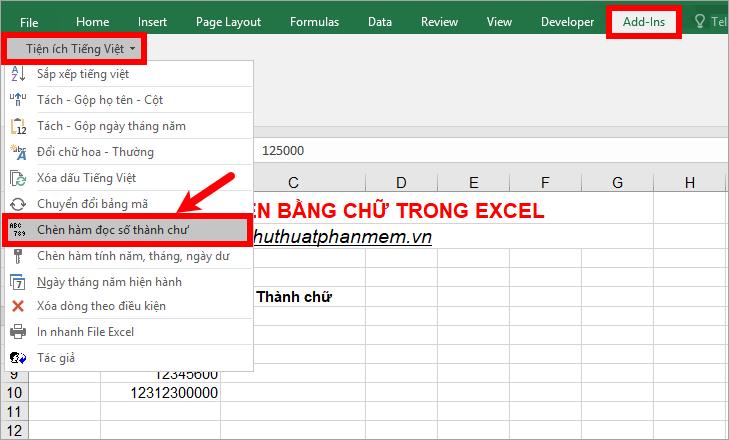 cách đọc số tiền bằng chữ trong Excel bằng Add-ins