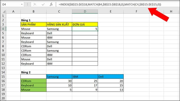 Cách kết hợp hàm index và match