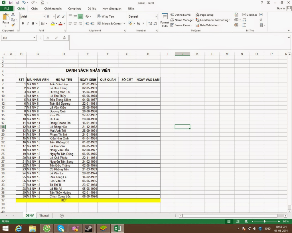 cách lập bảng chấm công trong Excel