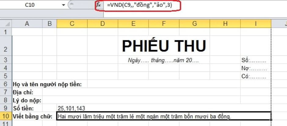 cách lập công thức số tiền bằng chữ trong excel