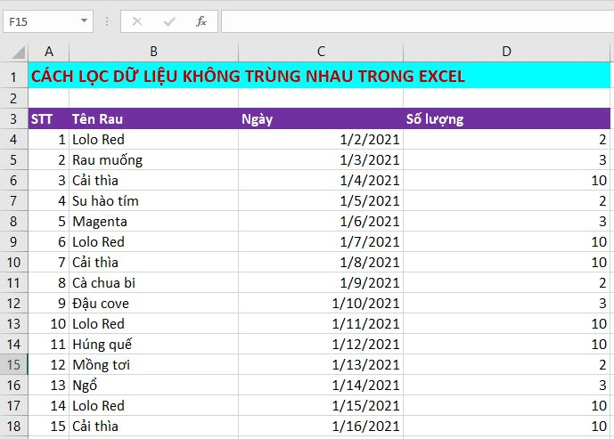 cách lọc dữ liệu không trùng nhau trong excel