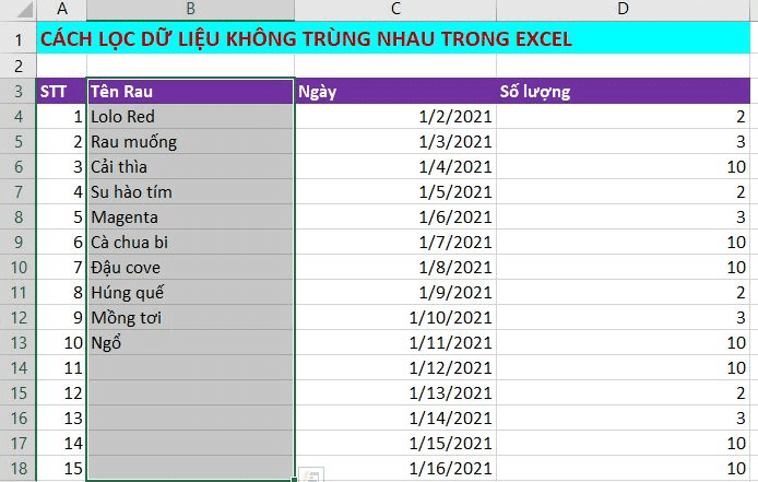 cách lọc dữ liệu không trùng nhau trong excel