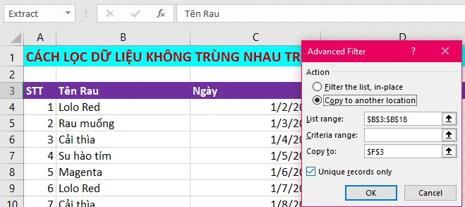 cách lọc dữ liệu không trùng nhau trong excel