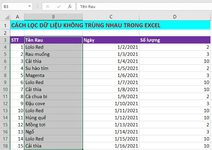 cách lọc dữ liệu không trùng nhau trong excel