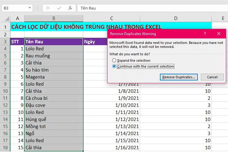 cách lọc dữ liệu không trùng nhau trong excel