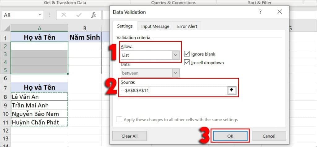 cách sử dụng data validation trong Excel