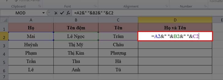 cách sử dụng hàm ghép hai cột trong Excel