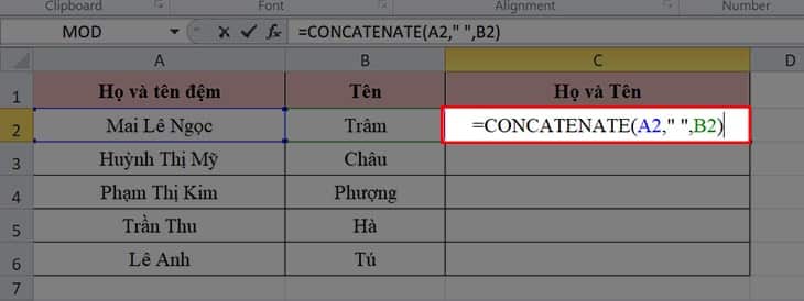 cách sử dụng hàm ghép hai cột trong Excel