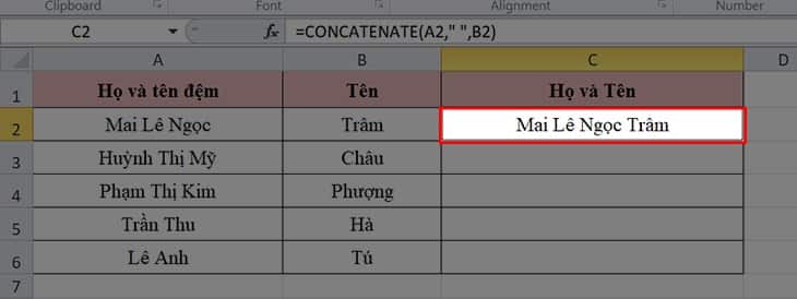 cách sử dụng hàm ghép hai cột trong Excel