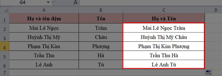 cách sử dụng hàm ghép hai cột trong Excel