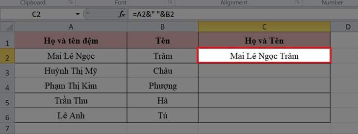 cách sử dụng hàm ghép hai cột trong Excel