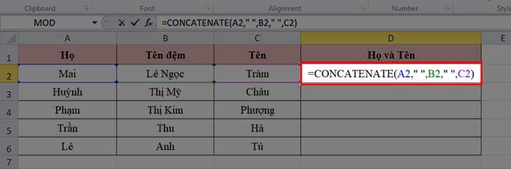 cách sử dụng hàm ghép hai cột trong Excel