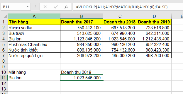 cách sử dụng Hàm match Trong Excel