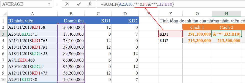 cách tính tổng các mã giống nhau trong Excel