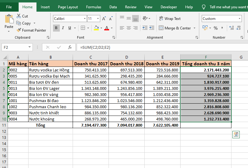 cách tính tổng hàng ngang trong excel