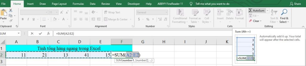 cách tính tổng hàng ngang trong excel