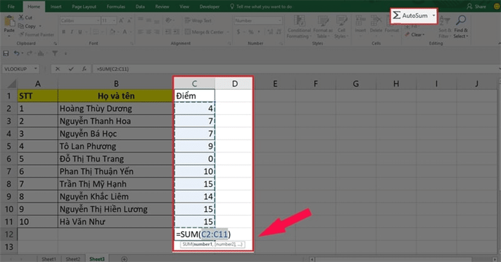 Cách tính tổng trong Excel