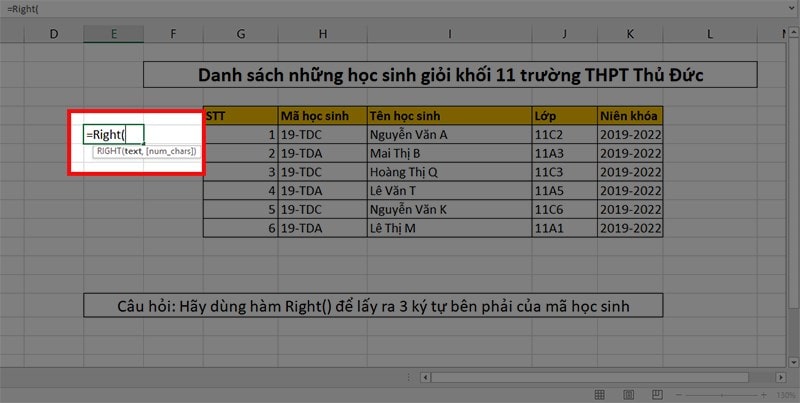 Hàm right trong Excel