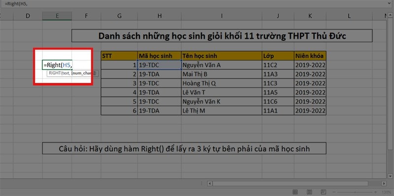 Hàm right trong Excel