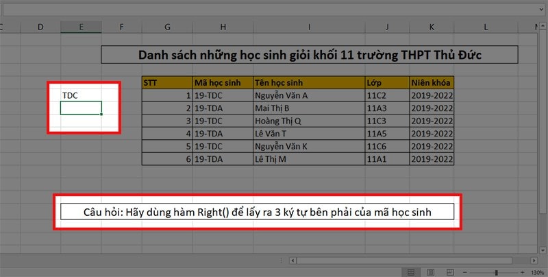 Hàm right trong Excel