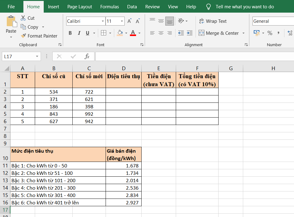 Bảng Tính Tiền Điện Excel