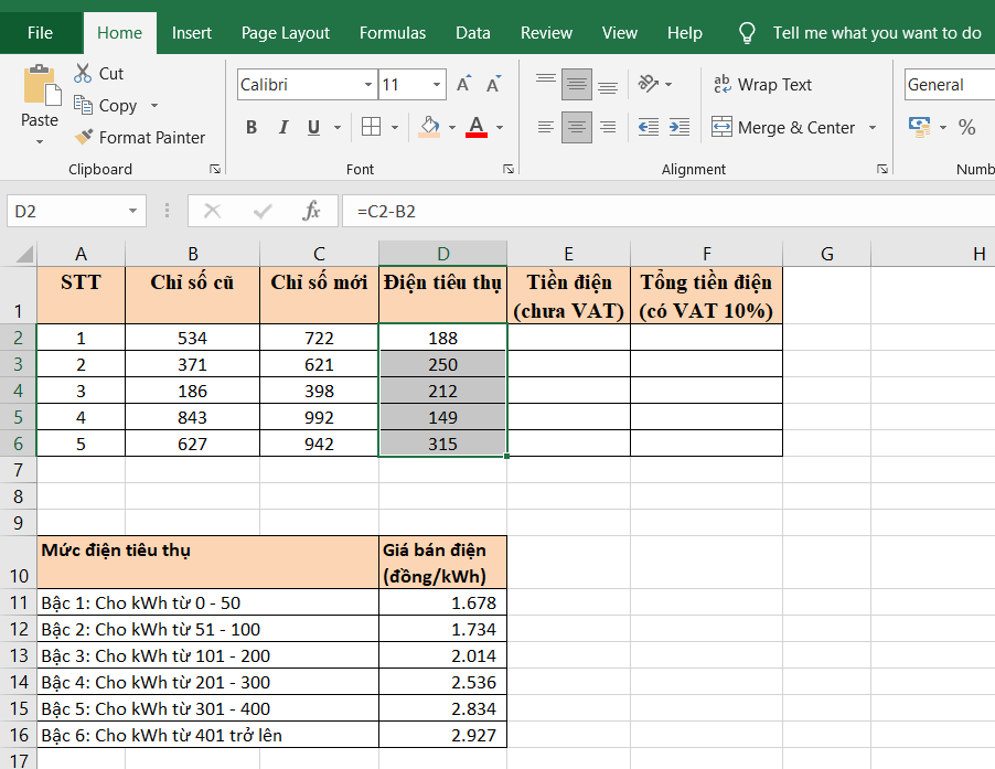 Bảng Tính Tiền Điện Excel