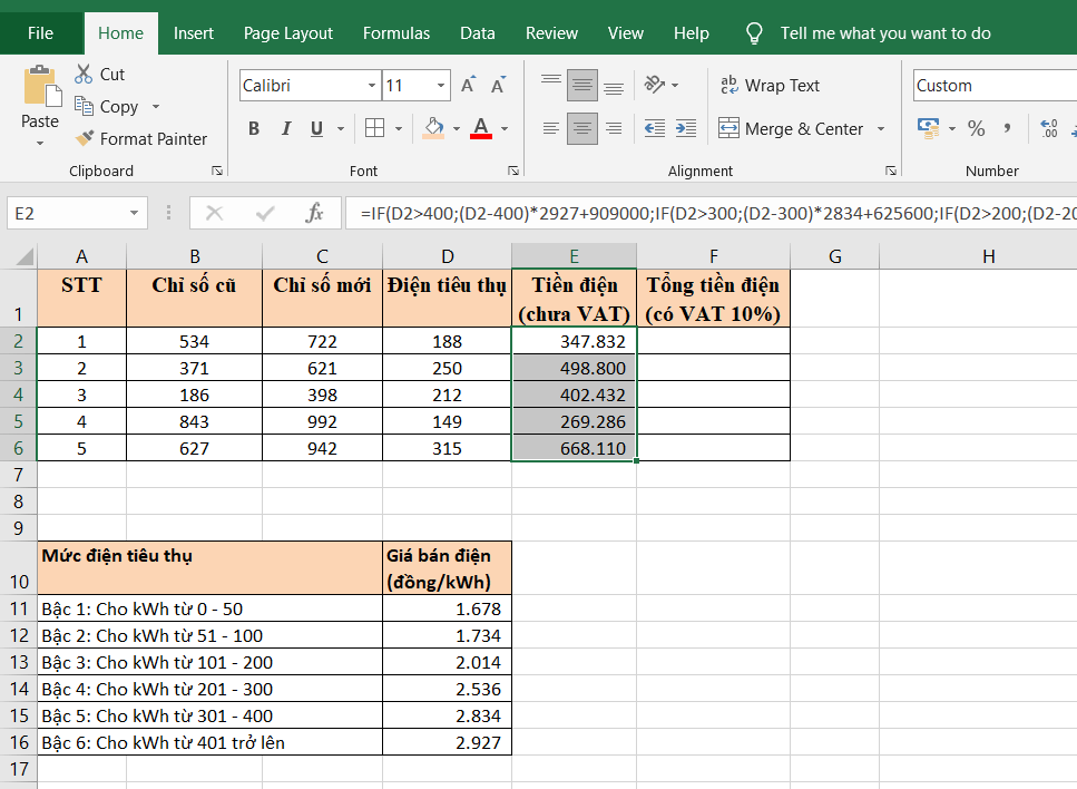 Bảng Tính Tiền Điện Excel