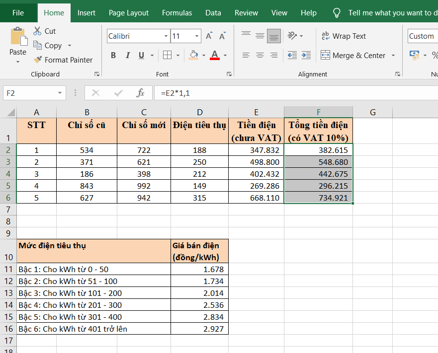 Bảng Tính Tiền Điện Excel