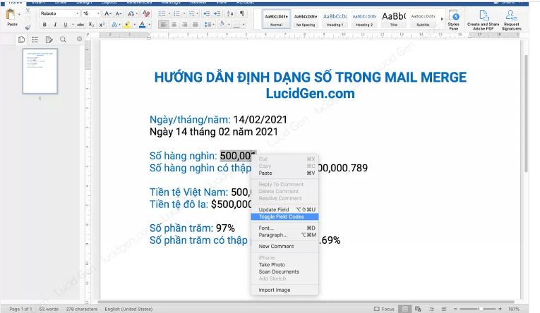 Cách Định Dạng Số Tiền Trong Mail Merge